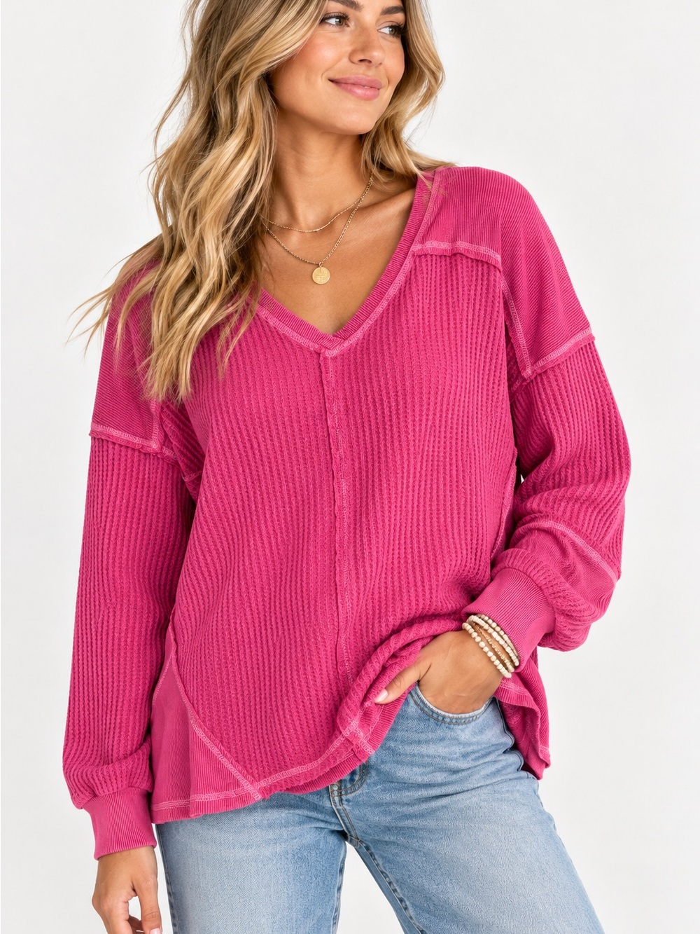 Sundance Women's V-Neck Long Sleeve Waffle Knit Top - Pink
